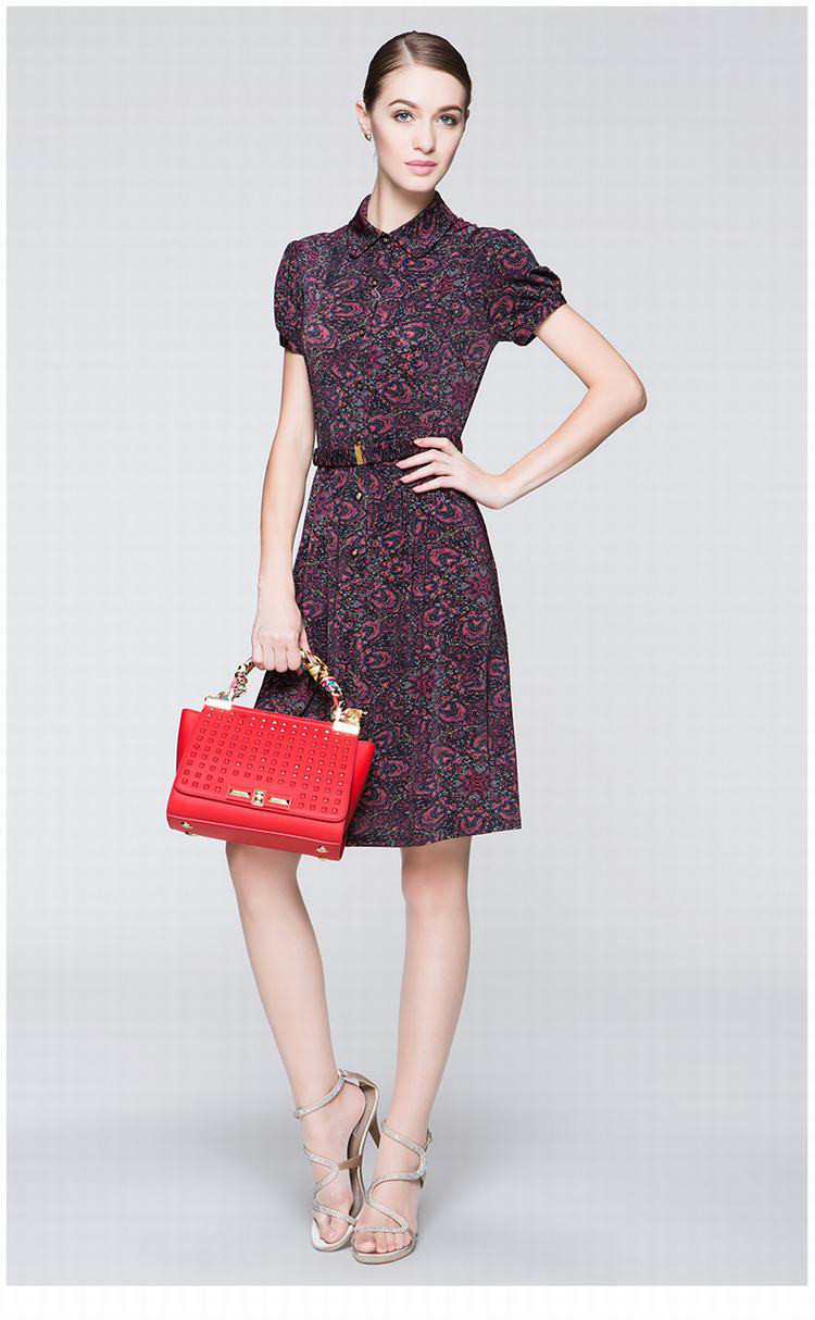 沐兰夏季新款复古印花翻领泡泡袖修身显瘦连衣裙