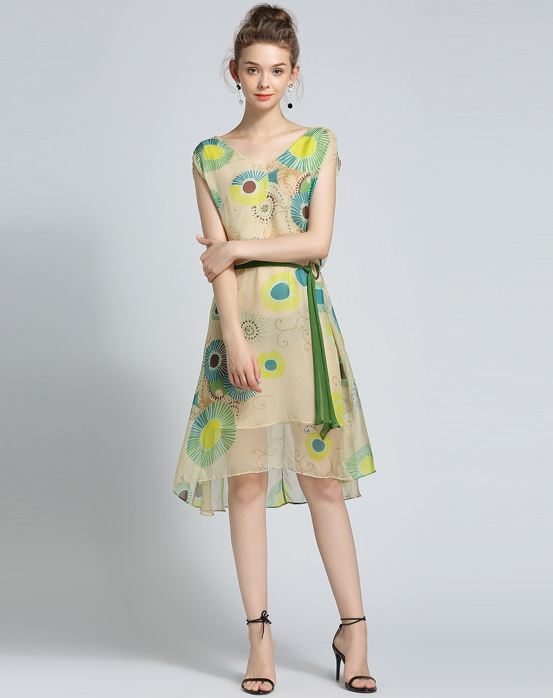 真丝v领印花连衣裙