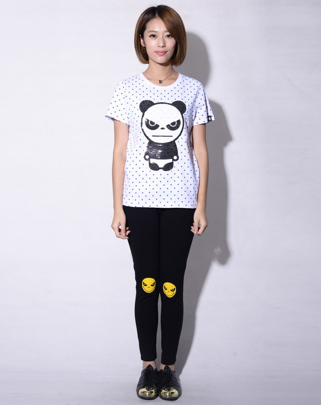 hipanda 你好熊猫 女经典熊波点珠片绣短袖t
