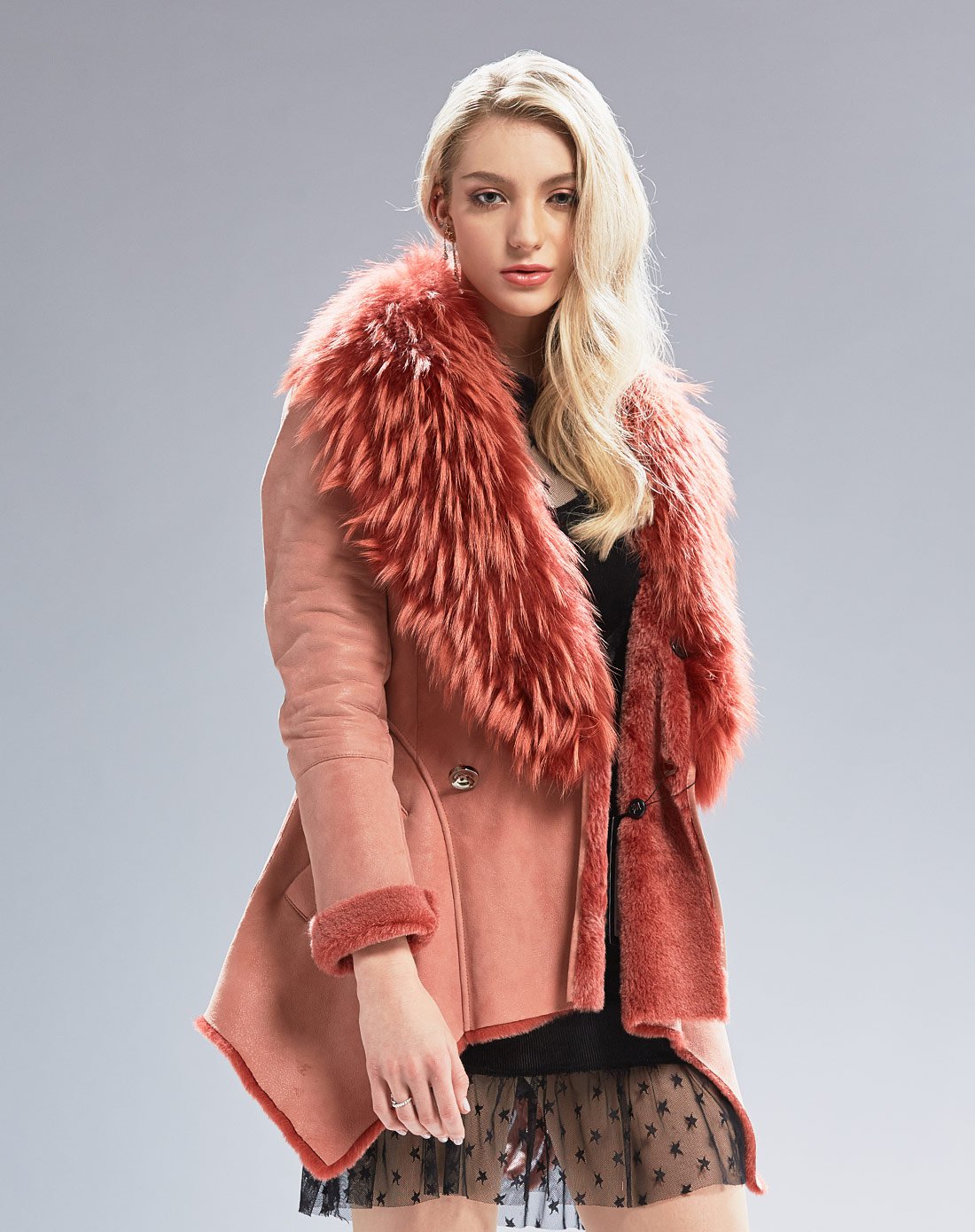 杰克斯冬季时尚百搭气质貉子毛领皮毛一体大衣女外套女士皮衣皮草