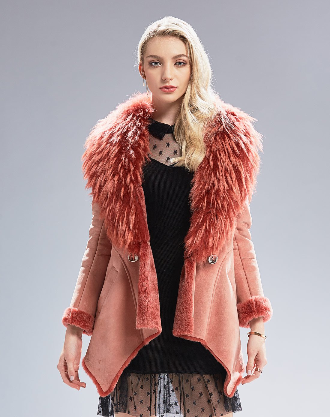 杰克斯冬季时尚百搭气质貉子毛领皮毛一体大衣女外套女士皮衣皮草