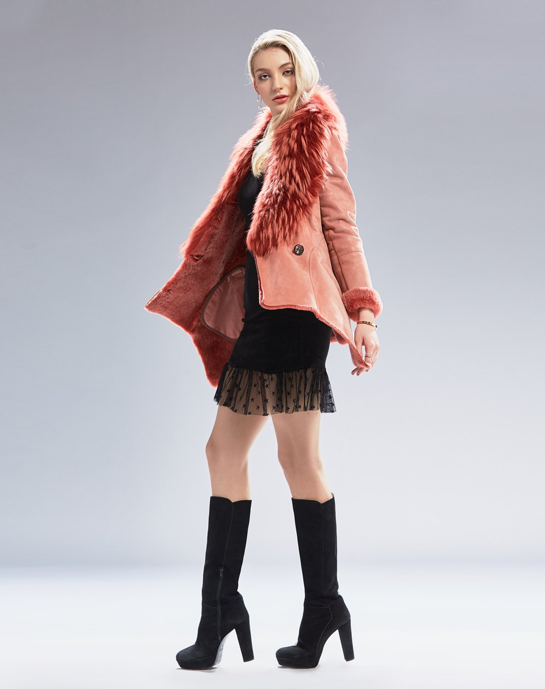 杰克斯冬季时尚百搭气质貉子毛领皮毛一体大衣女外套女士皮衣皮草