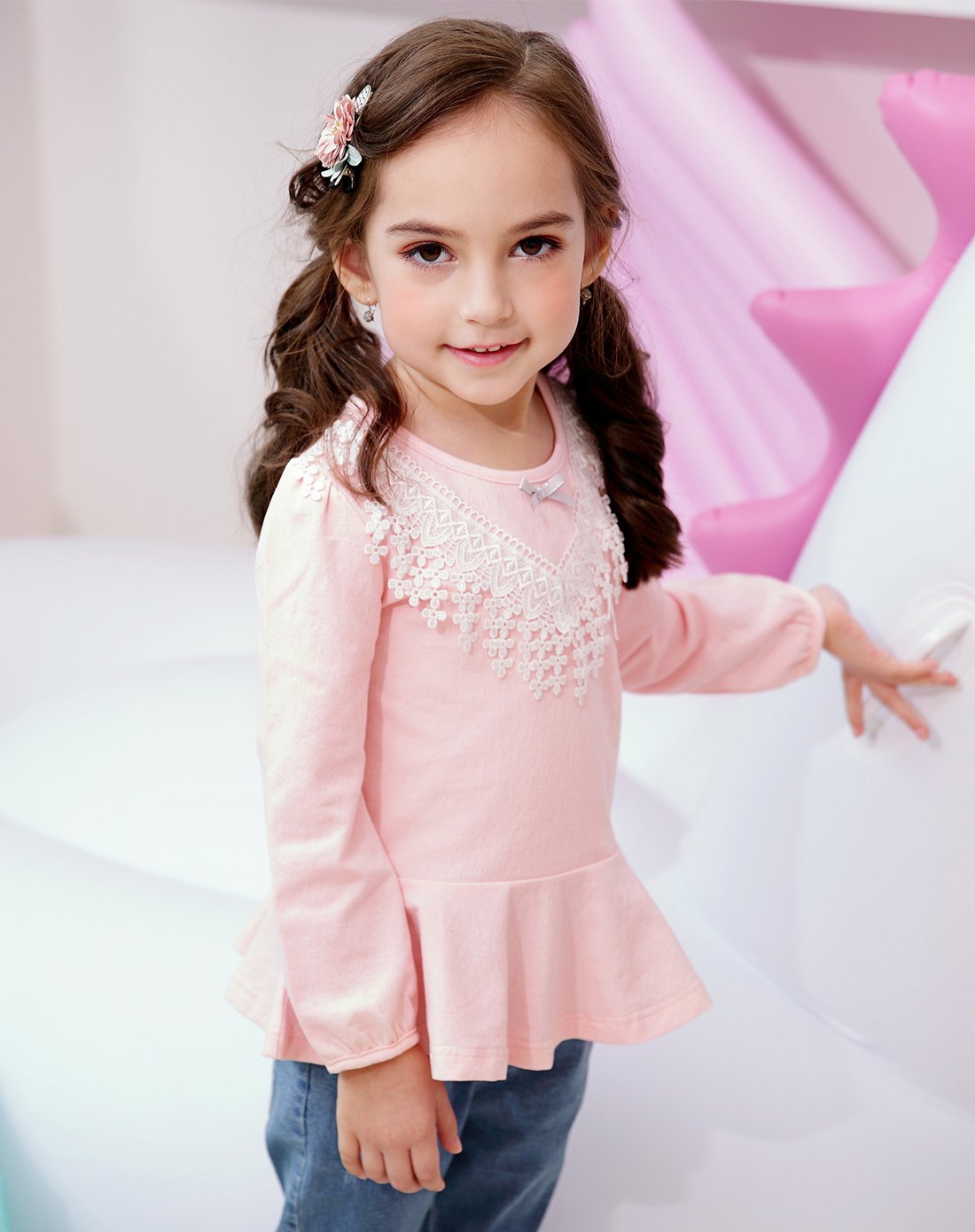 osa欧莎童装 女童甜美拼接蕾丝荷叶下摆t恤