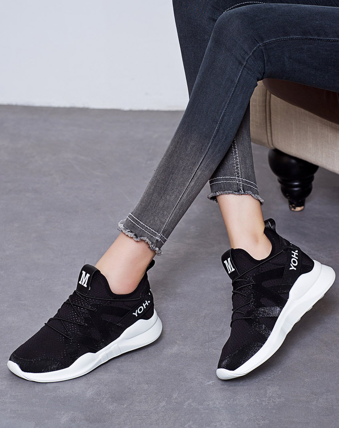 kalailier 春季女鞋网布透气增高百搭休闲运动鞋 黑色 240(38)