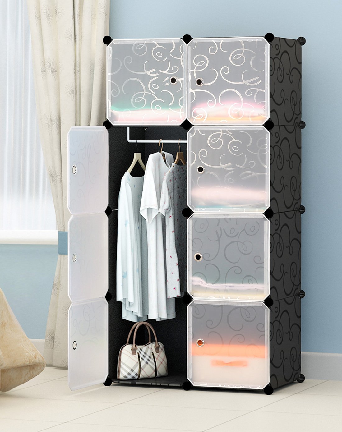 蔻丝现代简约8门5格1挂简易经济收纳柜安全环保多功能储物柜简约衣柜