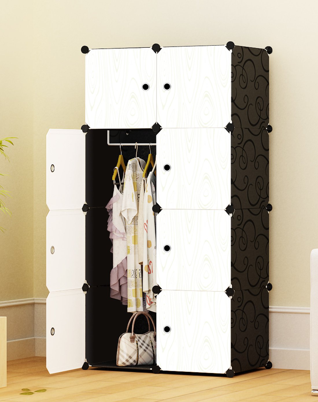 【加深】蔻丝 现代简约木纹收纳衣柜8门5格1挂