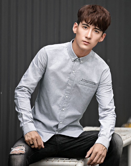 2017秋季新品男款时尚休闲口袋印花纯棉方领长袖衬衫