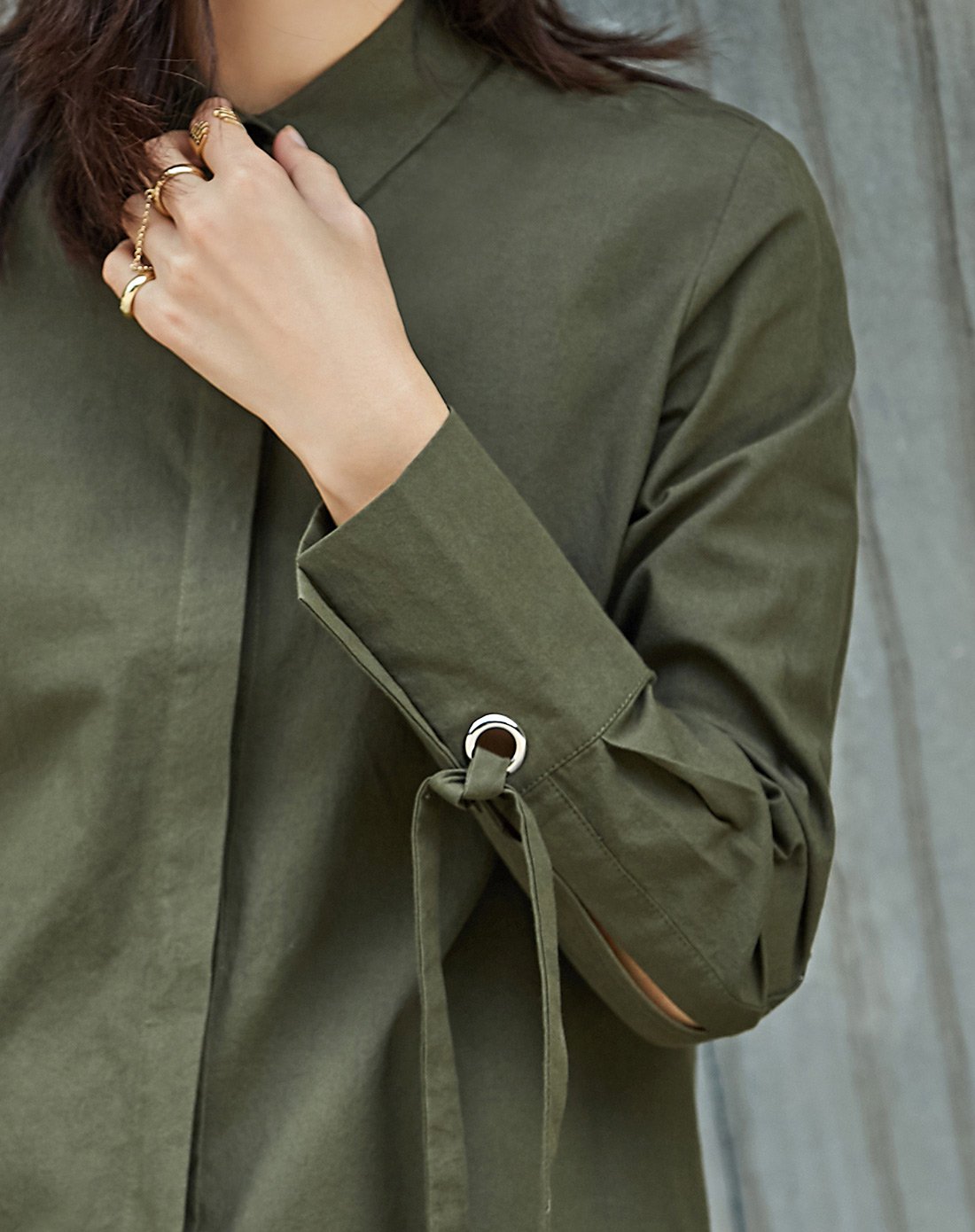 直筒暗扣开衩前短后长袖带衬衫