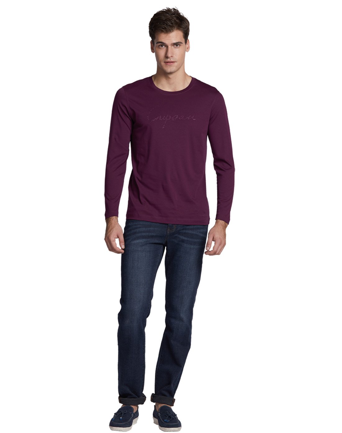 周年庆典-古柏valentcoupeau男装专场 玫紫色logo烫钻纯棉圆领长袖