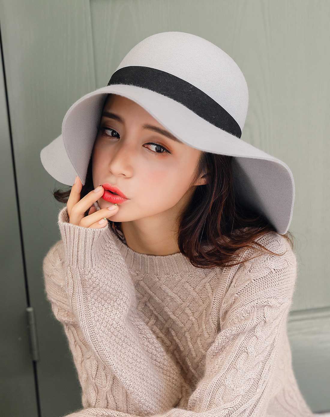 新款帽子女款欧美风时尚潮流百搭大边羊毛毡帽子 平檐 毡帽女 英伦