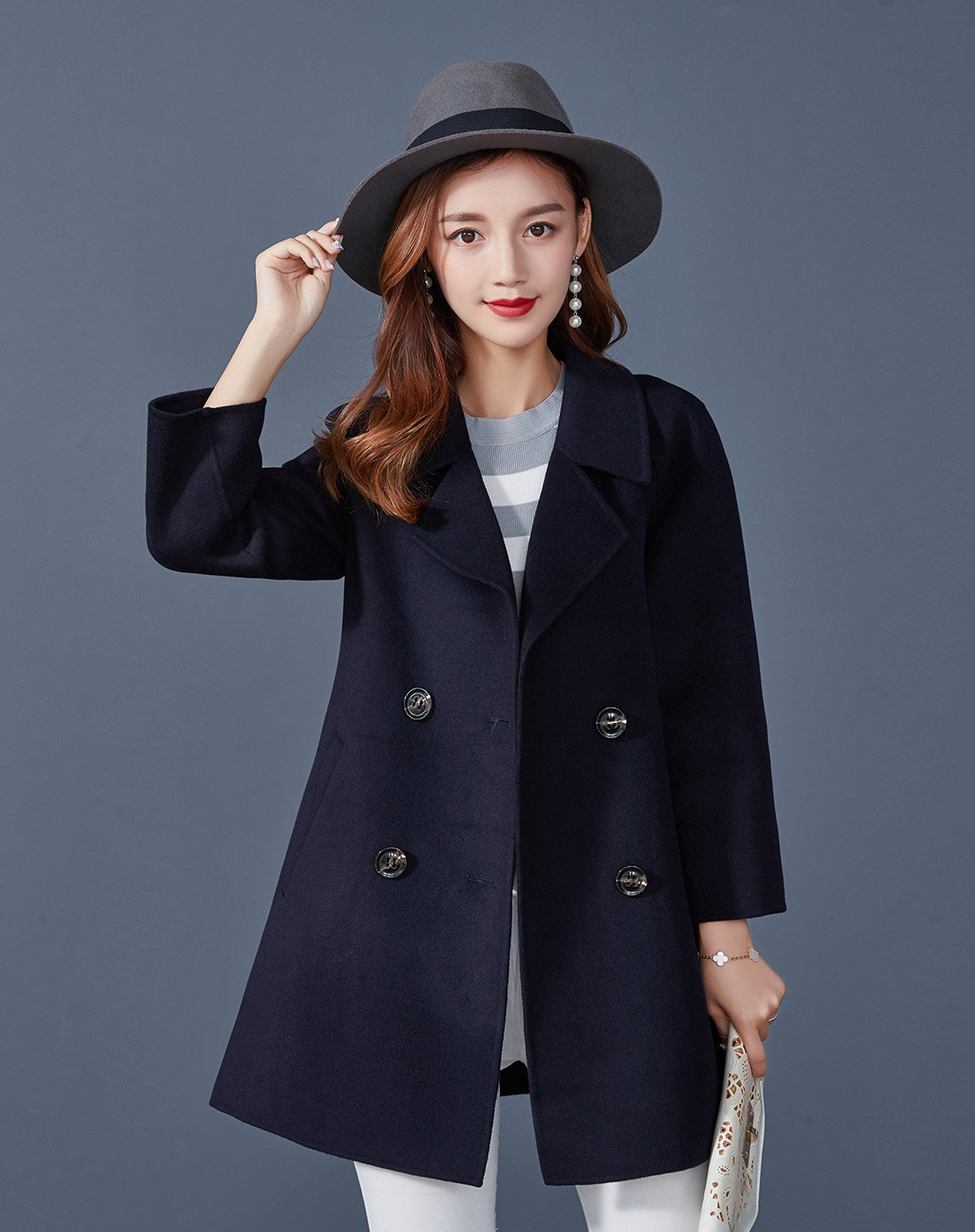 冬季女款简约一手长100%羊毛双面呢女式大衣外套
