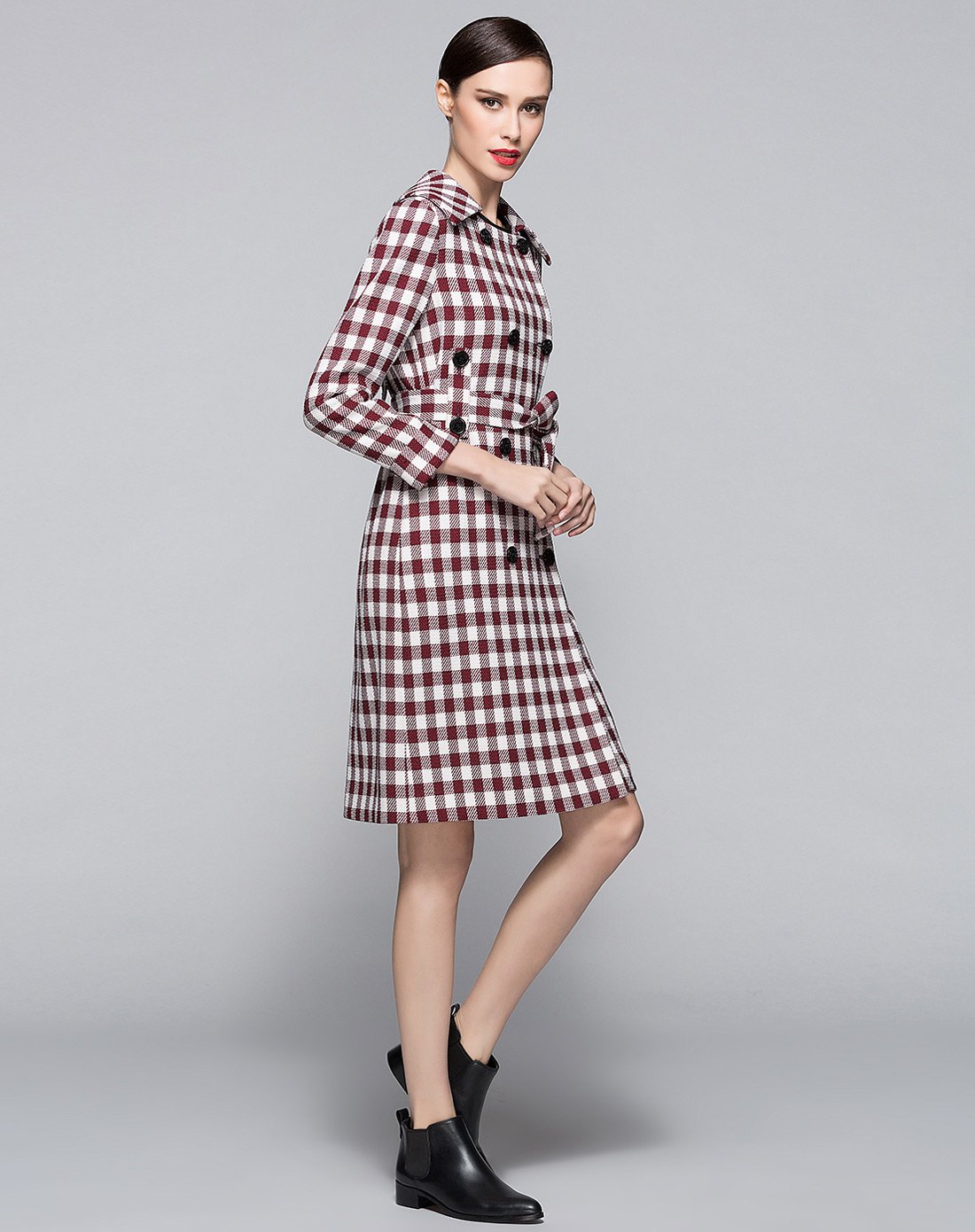 经典故事jane story 格子双排扣风衣外套女装春装时尚长袖宽翻领 红白