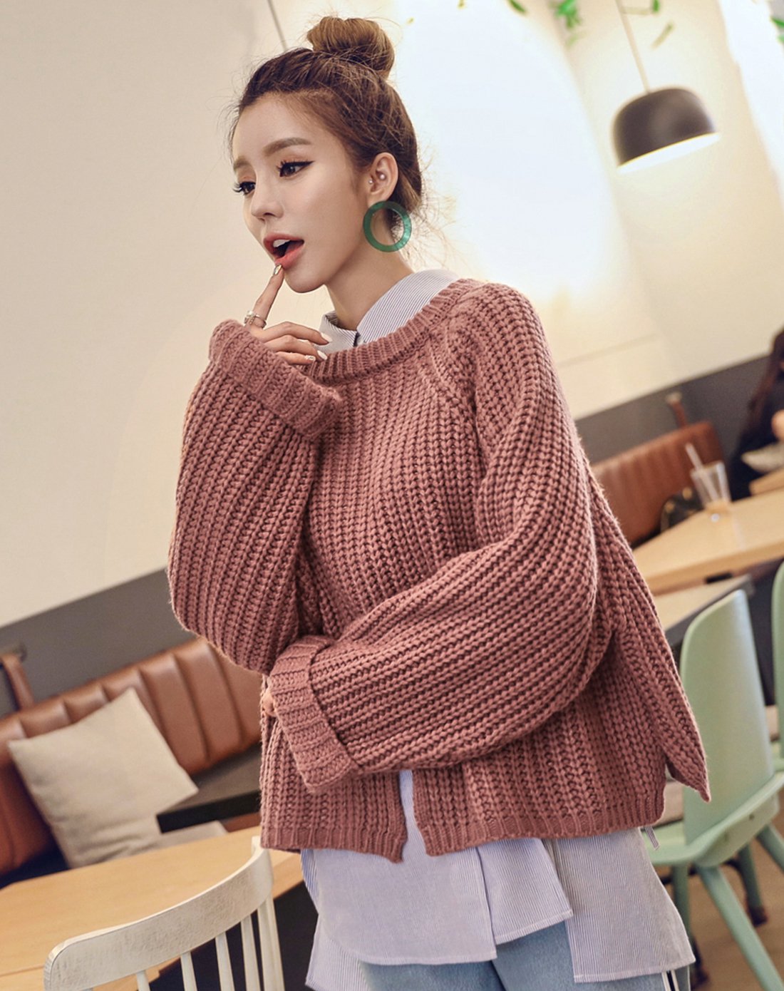 韩版女装秋装街头风宽松纯色休闲基础款套头毛衣