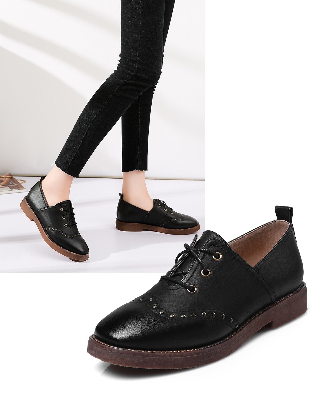 花花公子playboy 新品英伦风系带小皮鞋铆钉装饰女鞋布洛克女士商务单