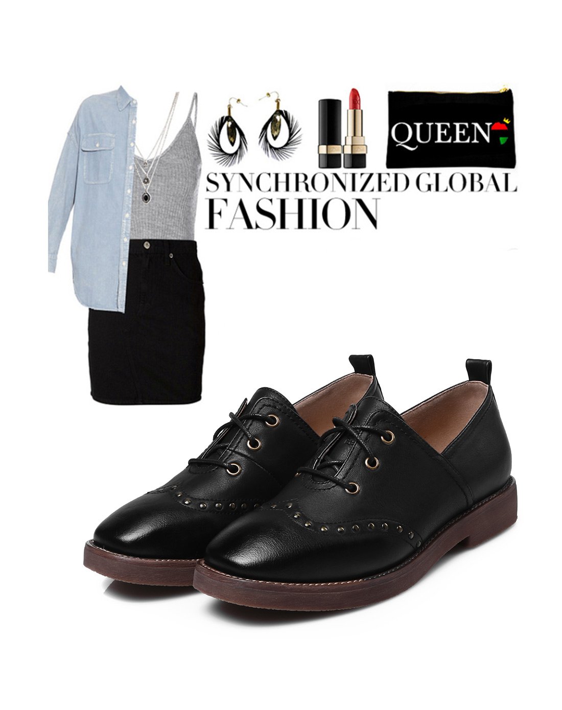 花花公子playboy 新品英伦风系带小皮鞋铆钉装饰女鞋布洛克女士商务单