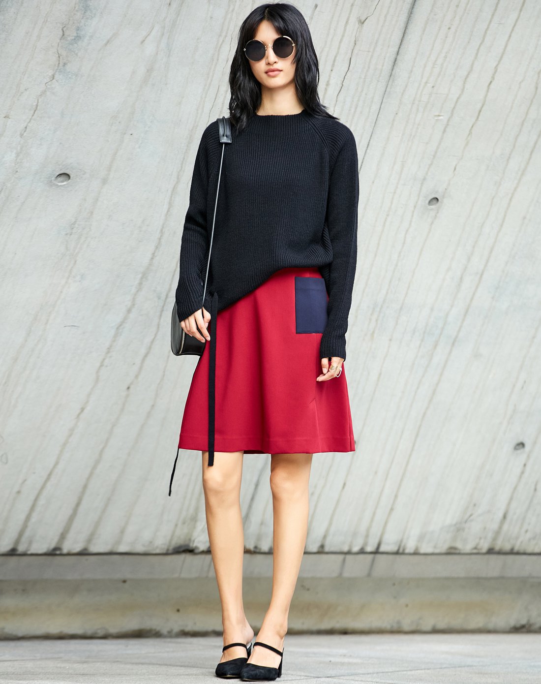 通撞色贴袋宽松a型半身裙