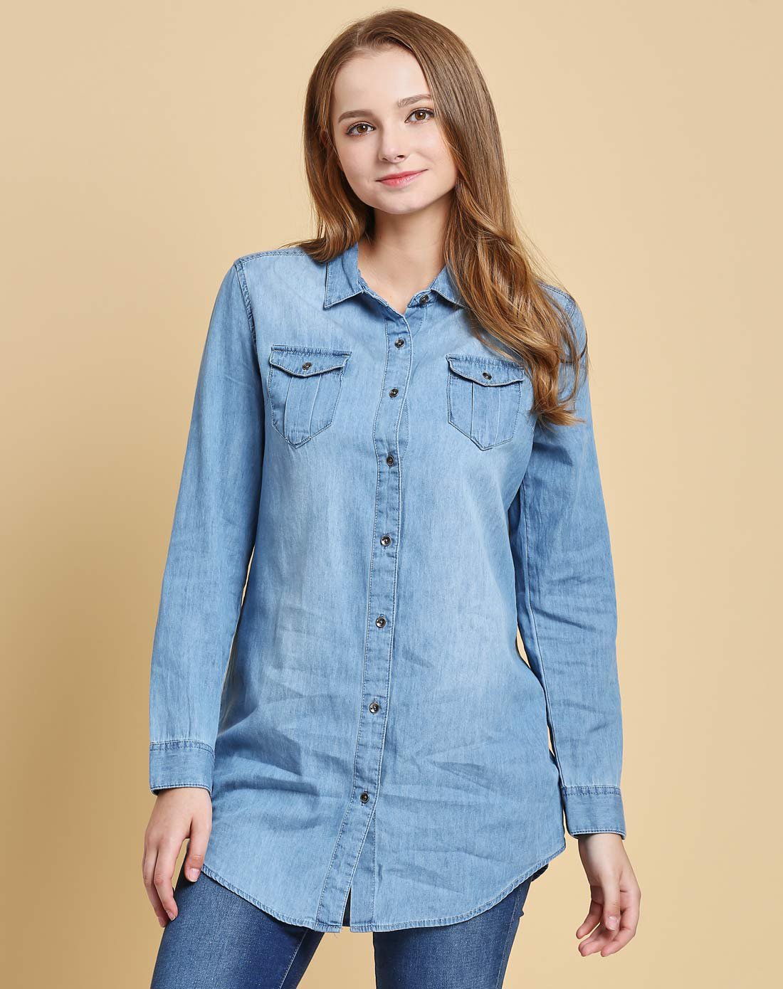 真维斯jeanswest女装专场1-1 真维斯牛仔衬衫女中长款 秋装 女士修身