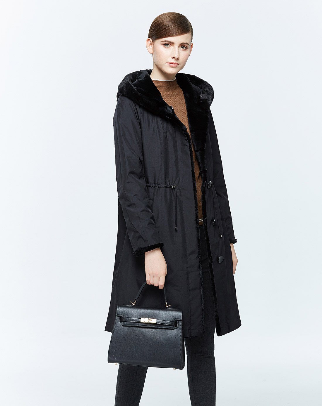 两面穿兔毛桑蚕丝水貂毛皮派克服