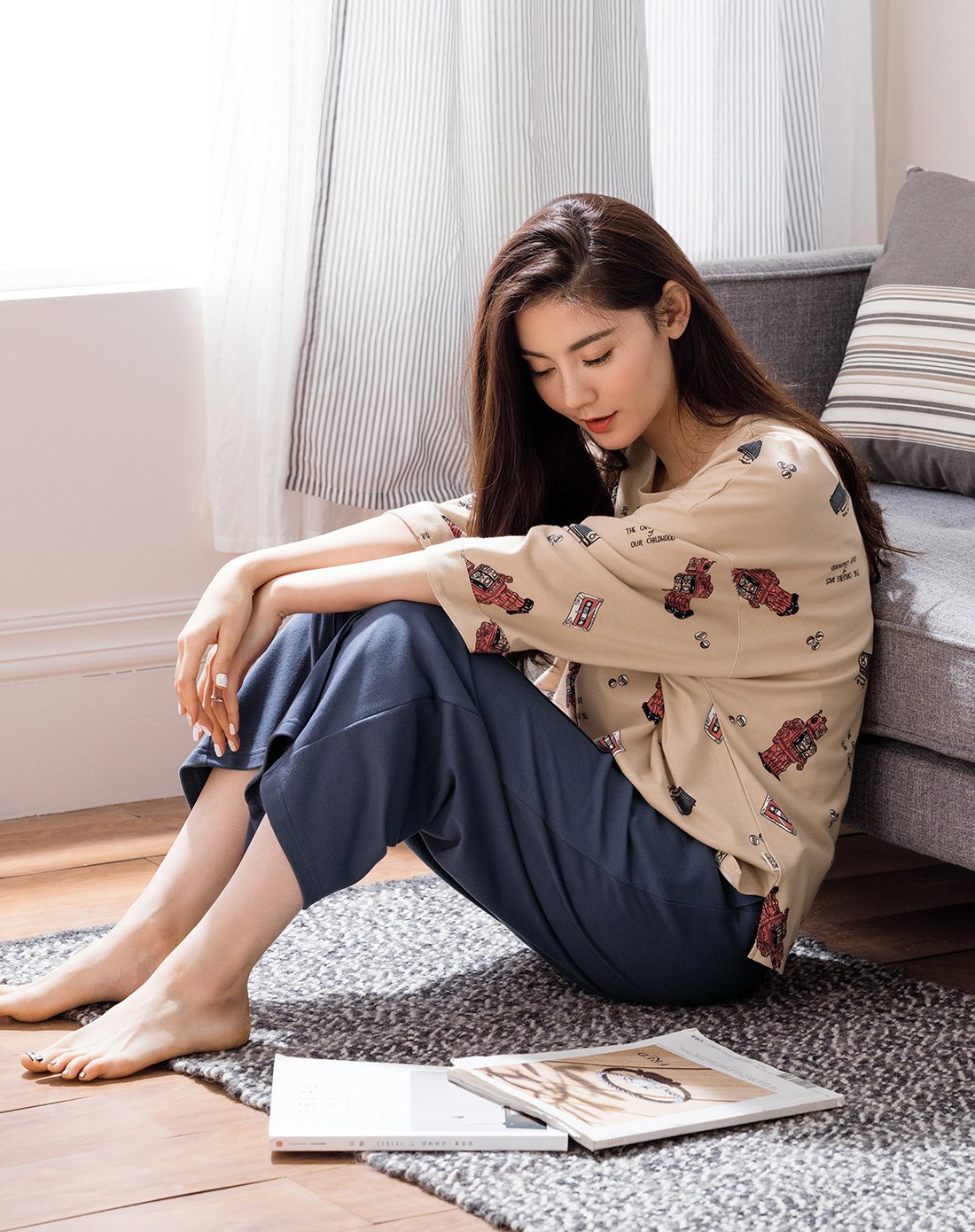 静韵休闲情侣睡衣秋季纯棉简约居家服长袖家居服女士套装