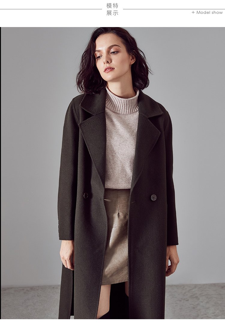 时尚百搭净色大牌下摆开叉双面呢100%羊毛女式呢大衣