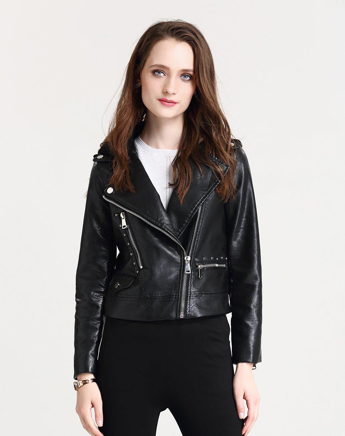 女装后背蝴蝶梅花图案显瘦皮衣外套