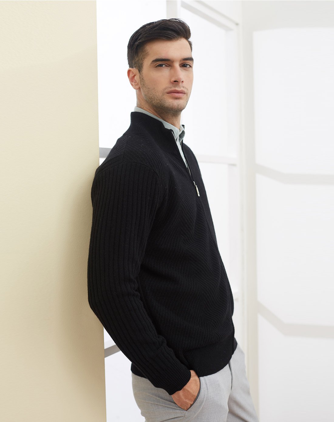 维多拉斯男士羊绒时尚休闲拉链男开衫羊绒衫毛衣