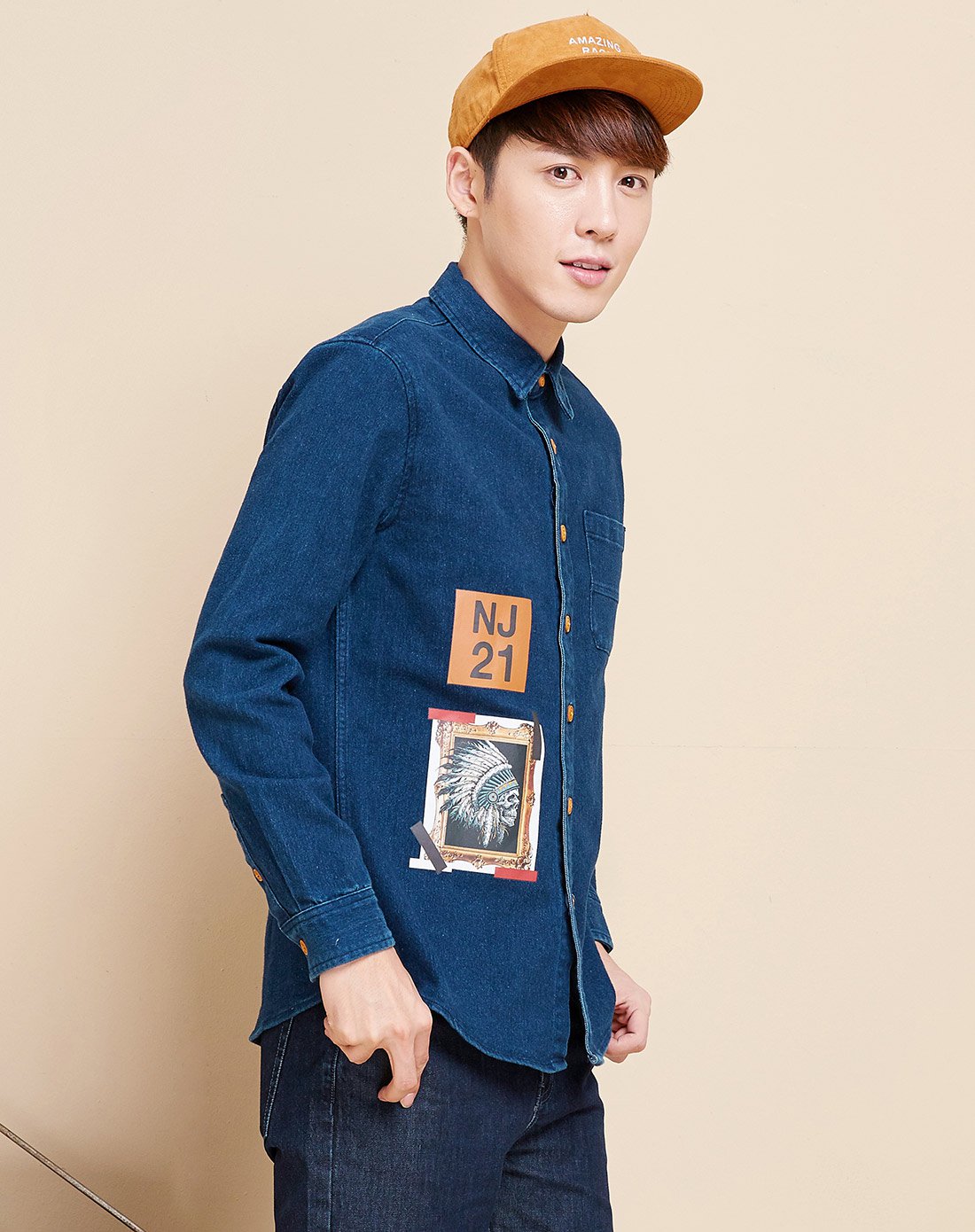 森马男装特卖旗舰店(旧)森马冬装男士衬衫印花牛仔原色做旧水洗衬衣寸