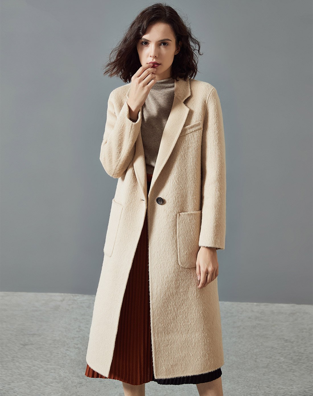 冬装女款新品时尚百搭净色100%羊毛女式呢大衣