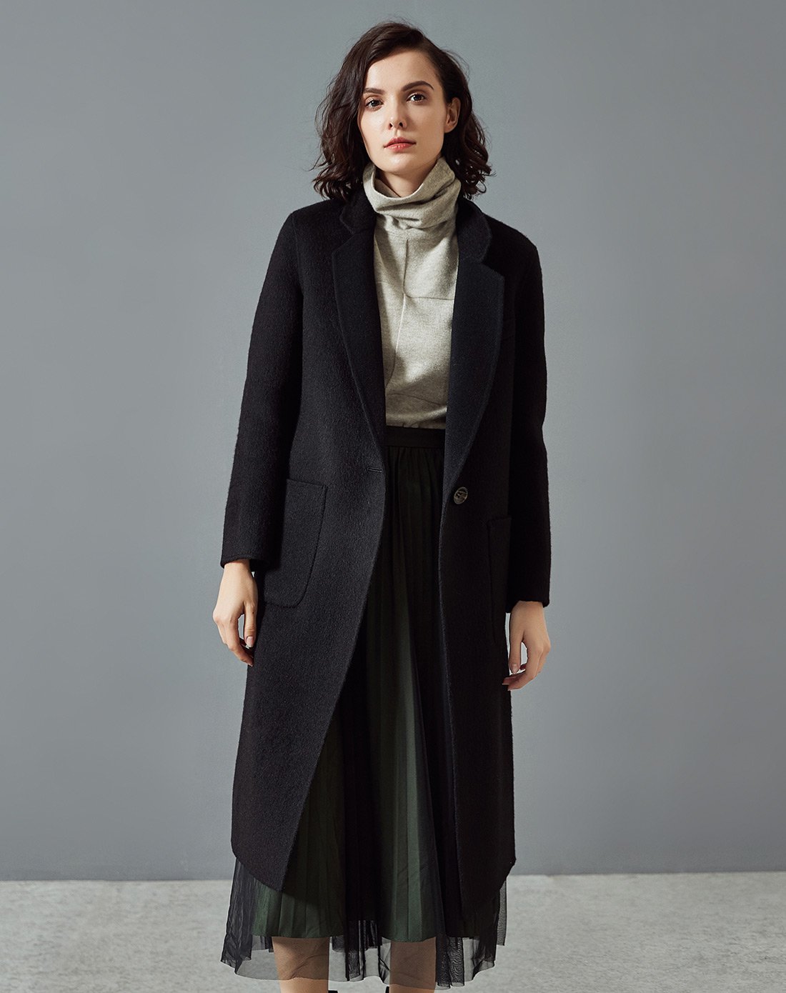 冬装女款新品时尚百搭净色100%羊毛女式呢大衣