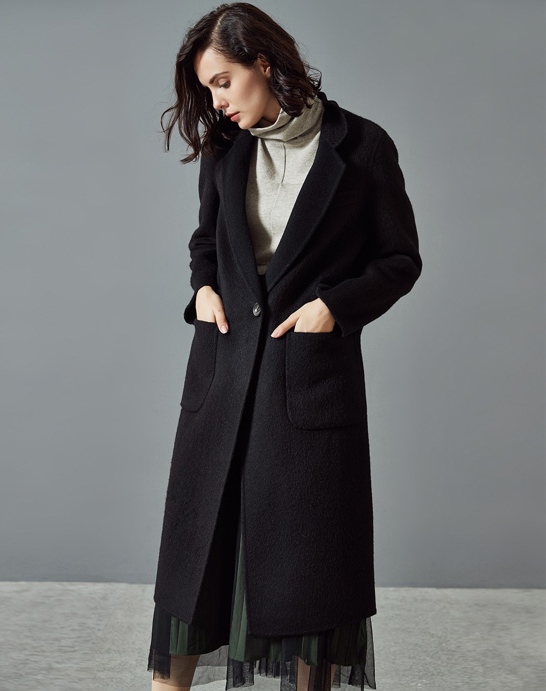 冬装女款新品时尚百搭净色100%羊毛女式呢大衣