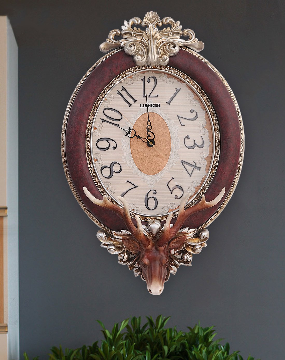 欧式复古立体鹿头静音挂钟