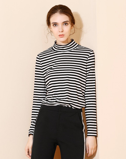osa欧莎秋冬款 黑白条纹长袖中高领女款打底衫t恤