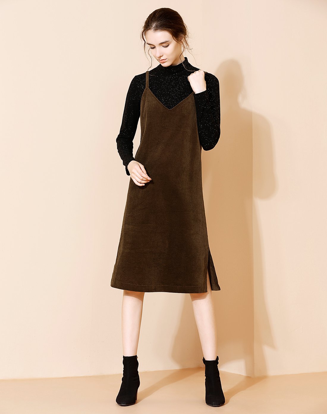 秋冬款 深咖色无袖假领直筒裙中长裙连衣裙