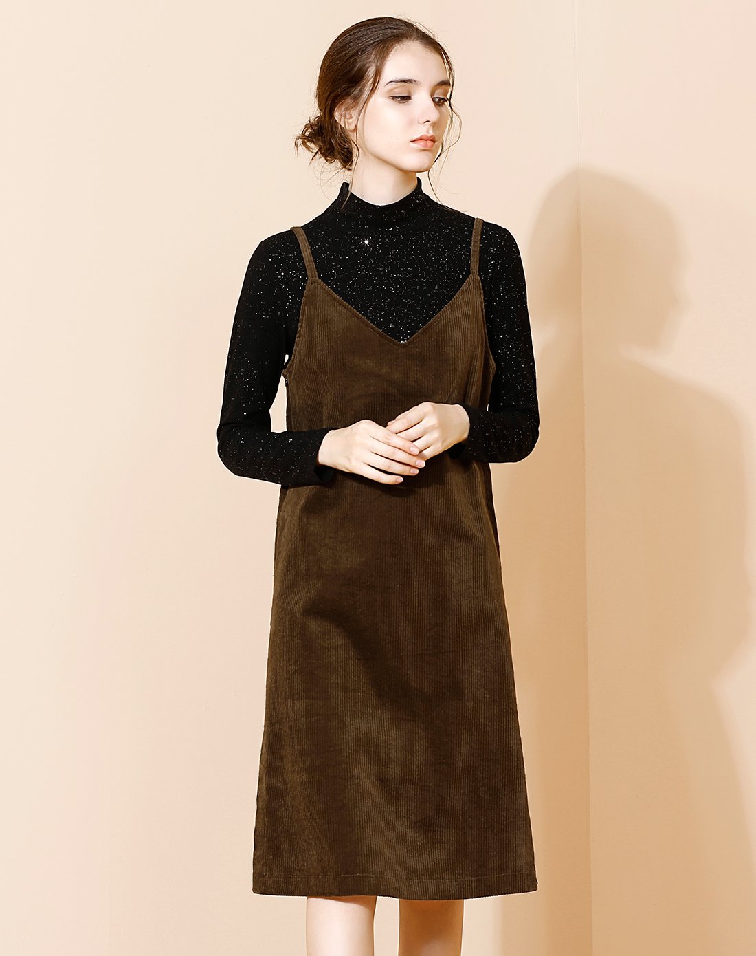 秋冬款 深咖色无袖假领直筒裙中长裙连衣裙