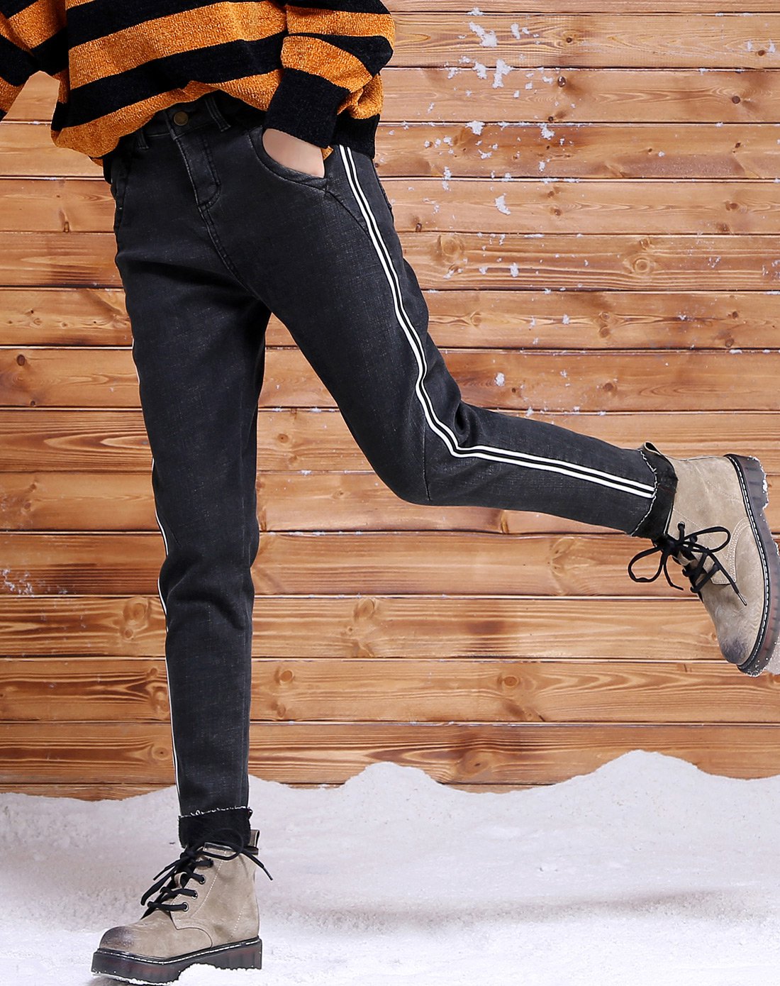 2017秋冬新款竖条纹加绒卷边牛仔裤 加厚小直筒裤