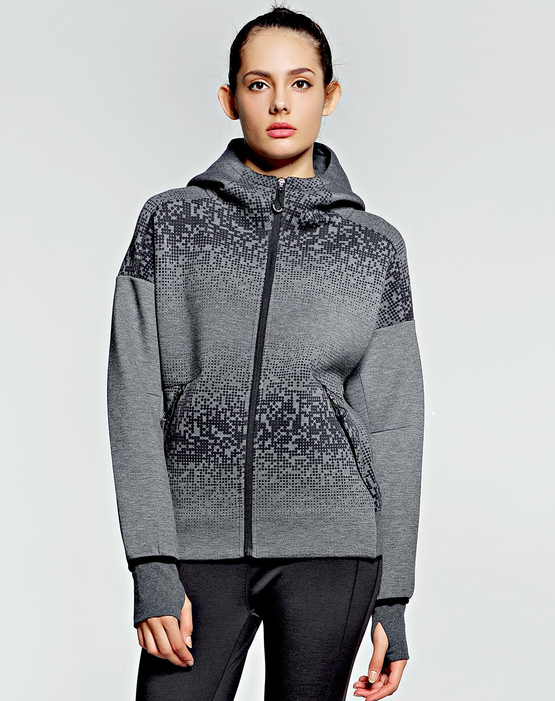 sn运动时尚 女子厚款印花空气棉保暖连帽高领卫衣外套