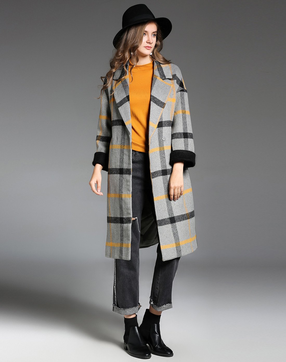 女款英伦风格子保暖昵大衣