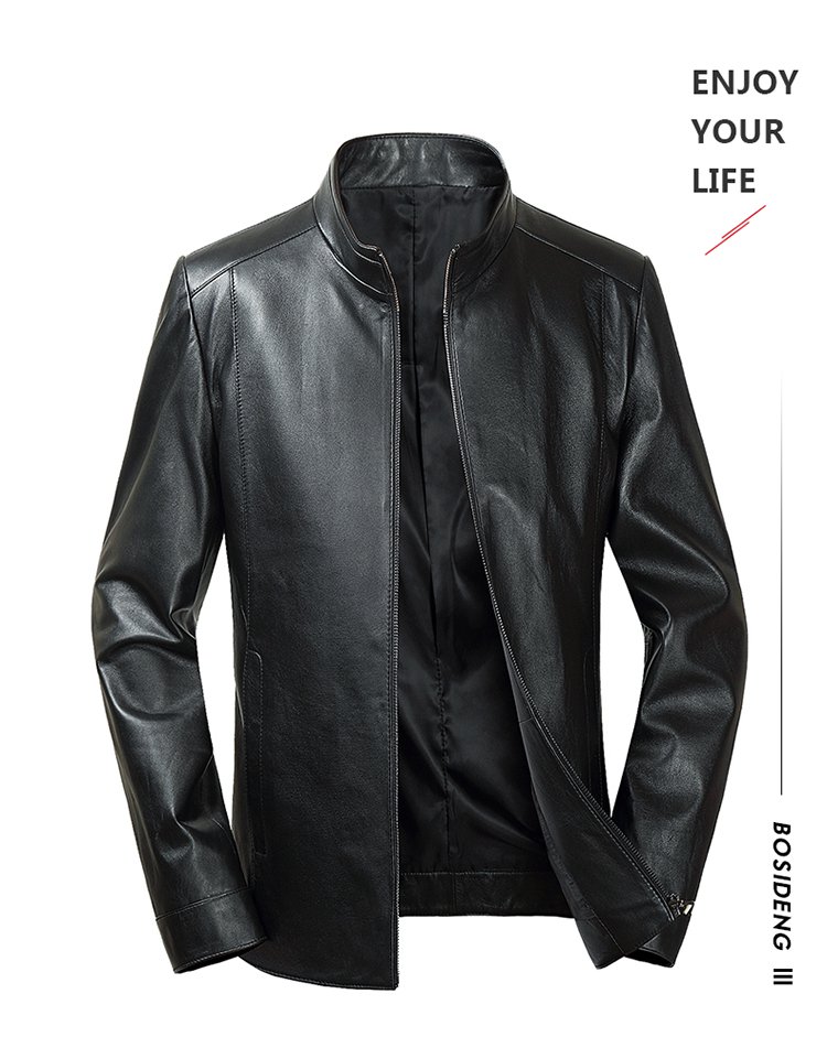 波司登男士商务休闲纯色立领真皮皮夹克