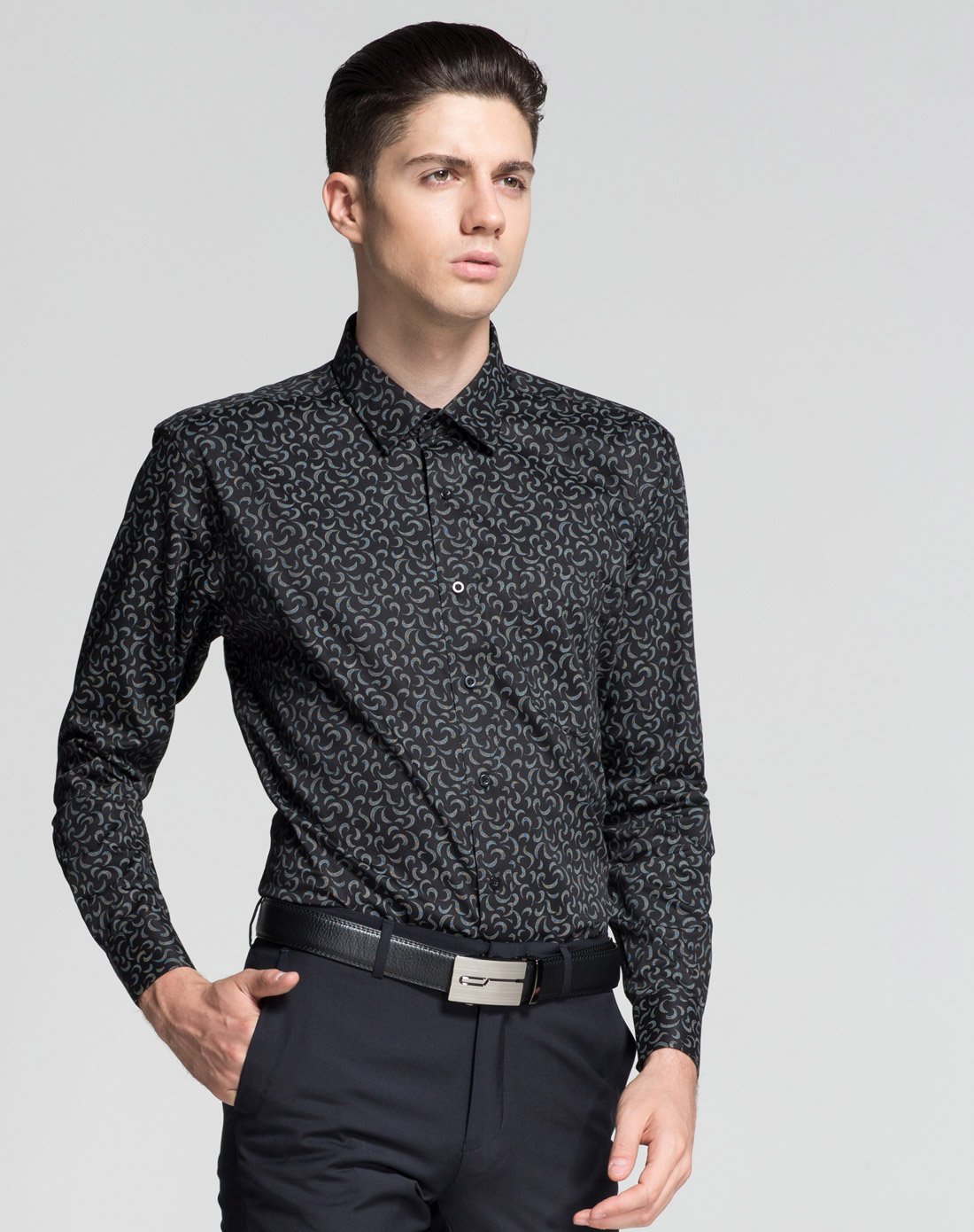 卡丹狄诺cardeendino男装衬衫专场男士经典黑印花长袖衬衫csn55801