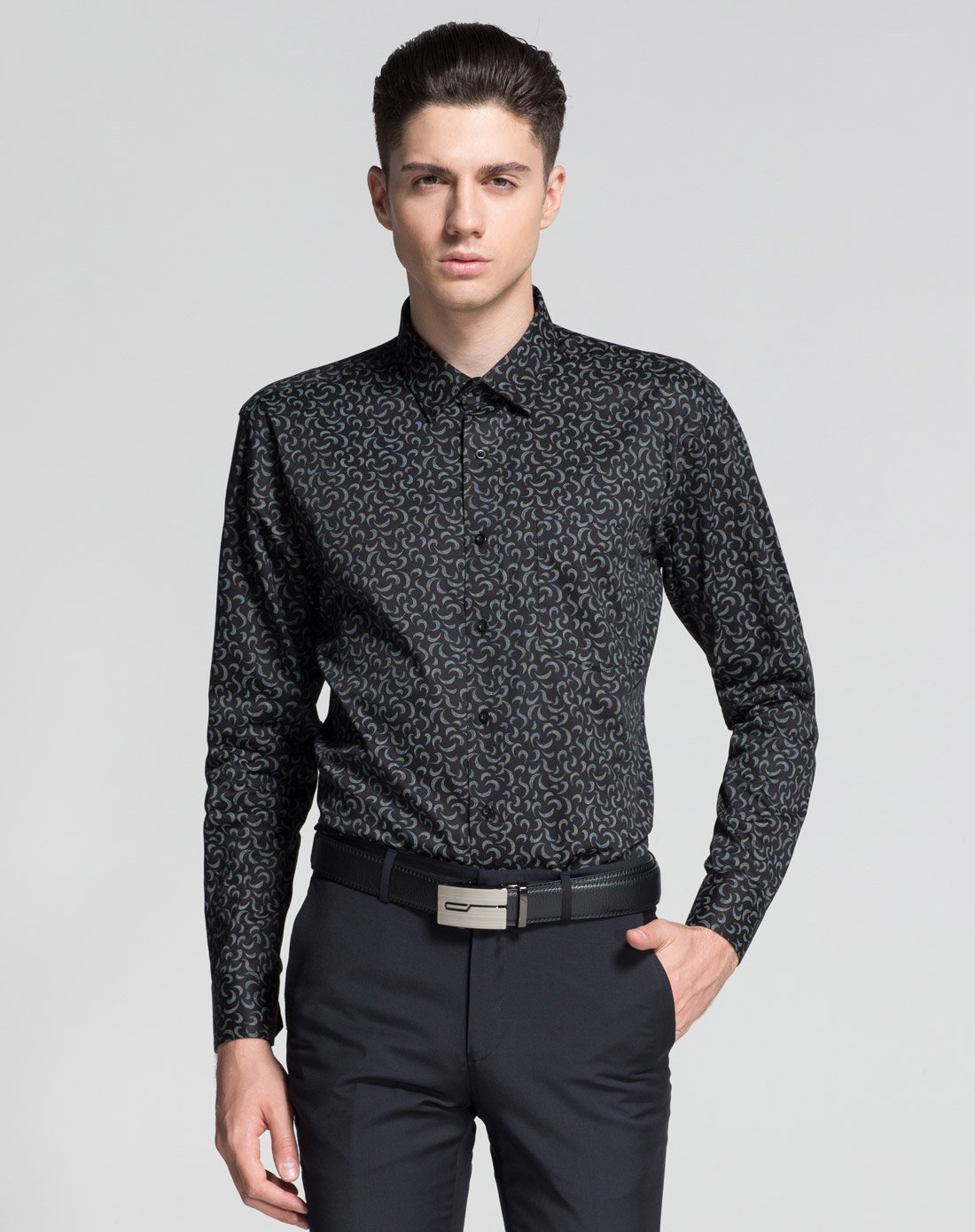 卡丹狄诺cardeendino男装衬衫专场男士经典黑印花长袖衬衫csn55801