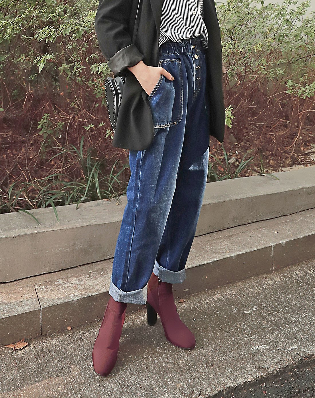 韩版女装冬装学院风宽松挽边多扣高腰女裤裤子牛仔裤女