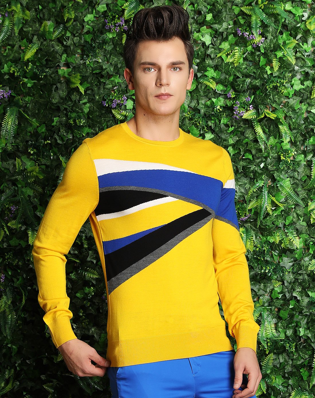 全羊毛时尚活力拼接撞色精致男款毛t