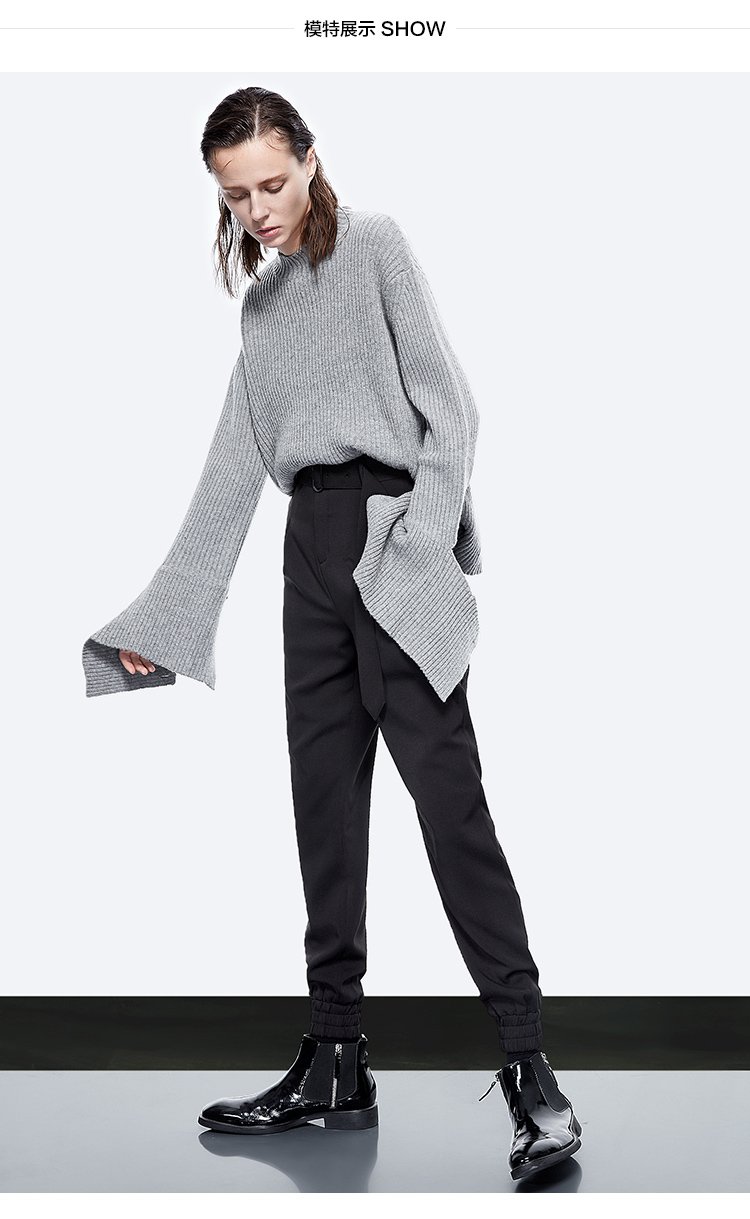 【达丽坊】秋冬新品女装保暖舒适长袖圆领套头灰色毛衣个性袖口女式