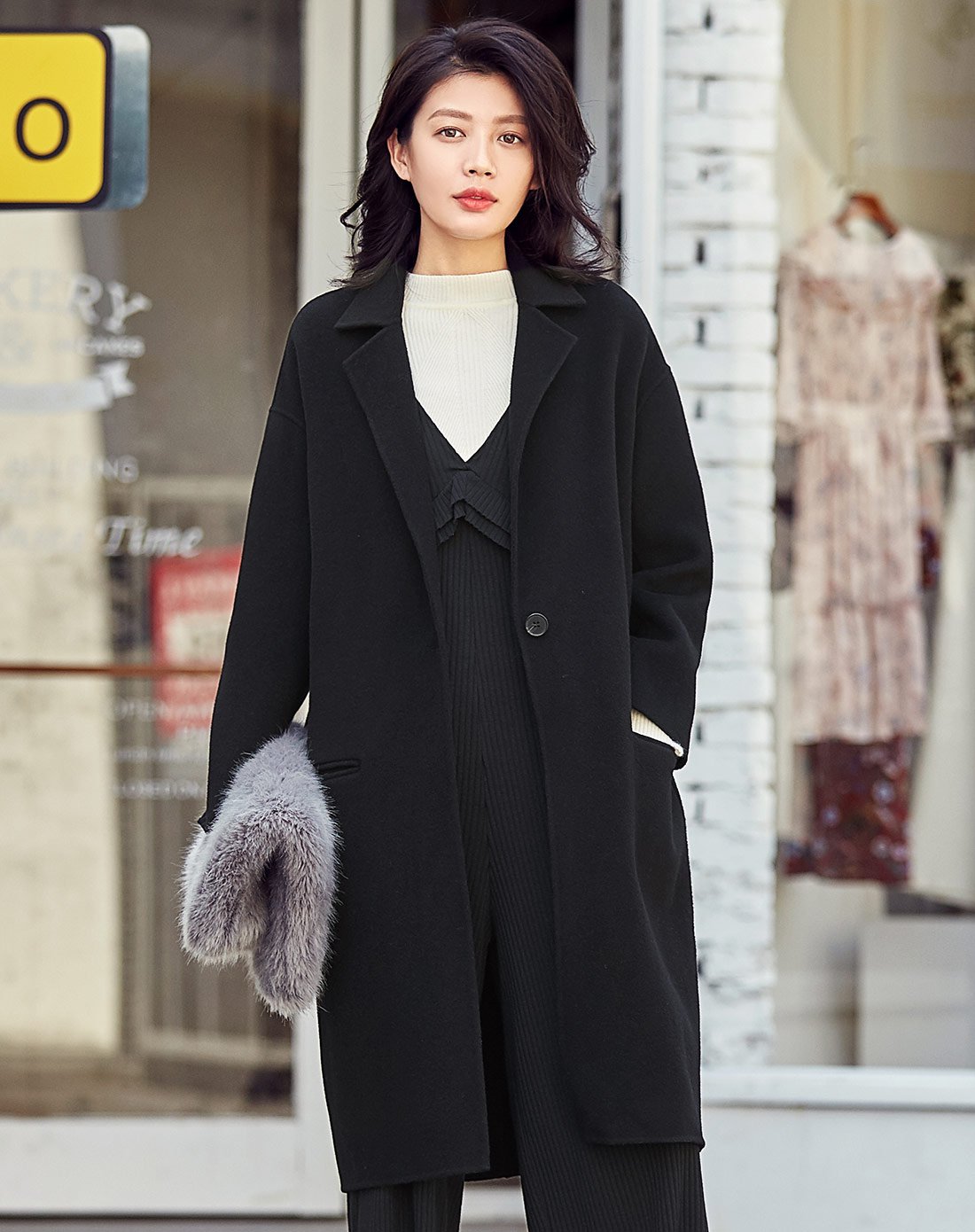 女款韩版时尚宽松女士外套长款保暖双面呢100%羊毛呢子毛呢女式大衣