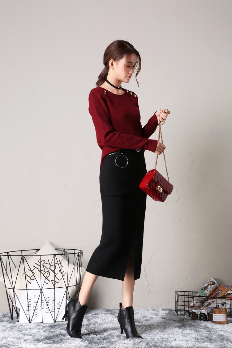 2017秋冬新款中长款开叉半身裙大口袋包臀长裙