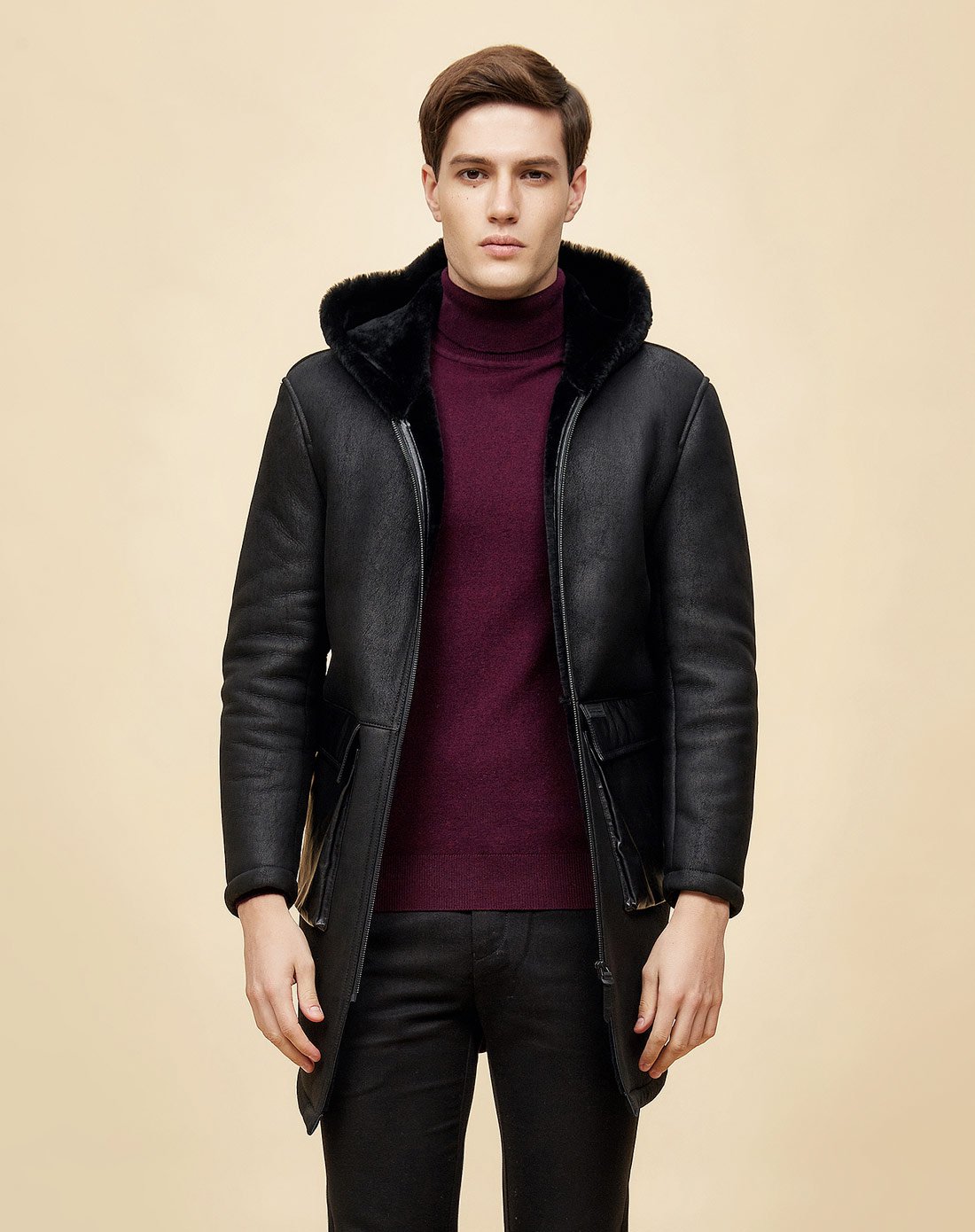 轻奢皮毛一体纯绵羊皮羊毛男士真皮皮衣