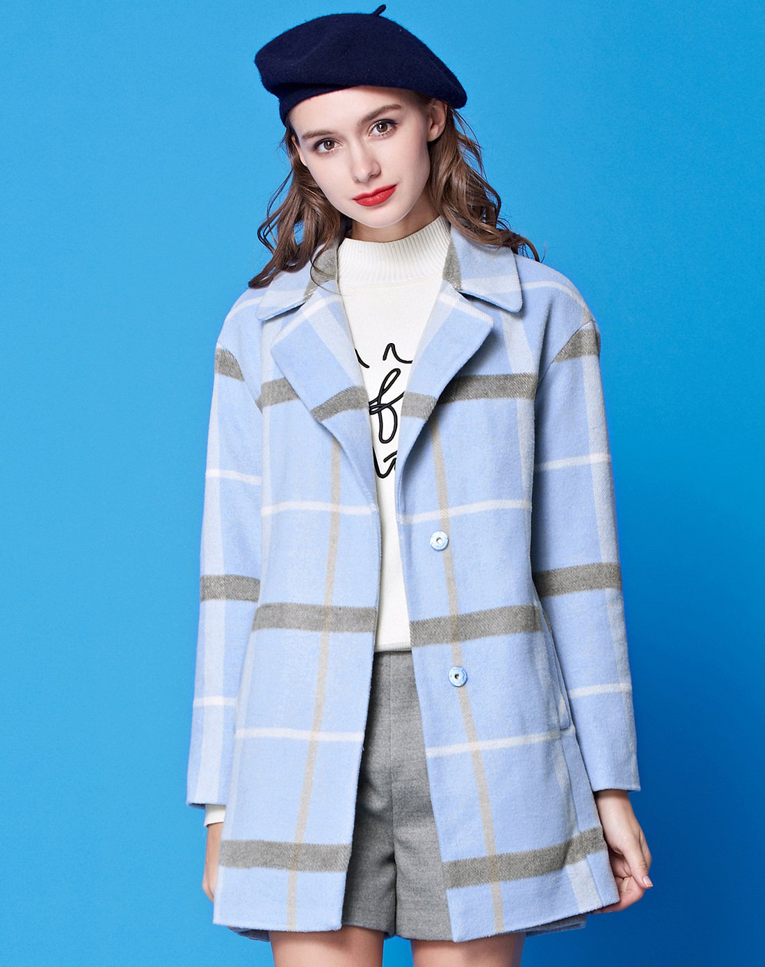 浅蓝色格子百搭长款呢大衣外套