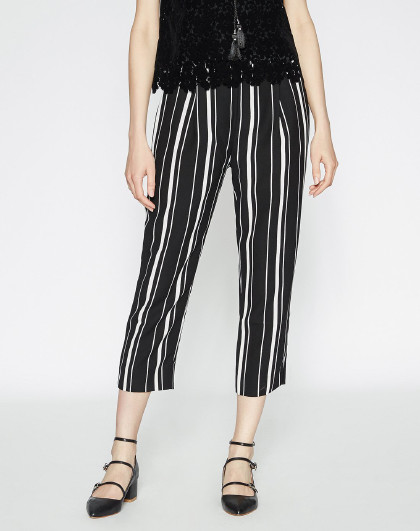 女简洁宽松休闲竖条纹直筒裤