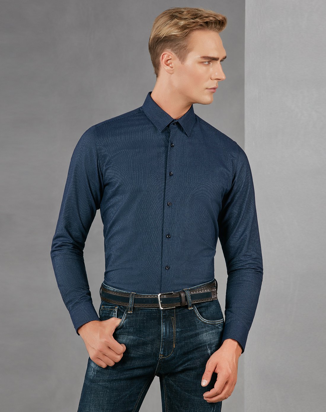 杉杉firs 色织暗条纹时尚牛仔风格男士衬衫衬衣男款长袖 藏青 39