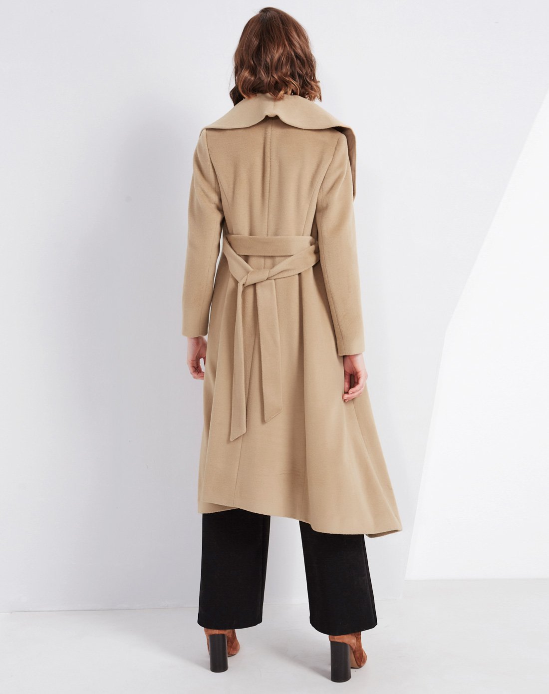 舒朗【新品人气top】淑女时尚系带显瘦修身翻领长款羊毛大衣